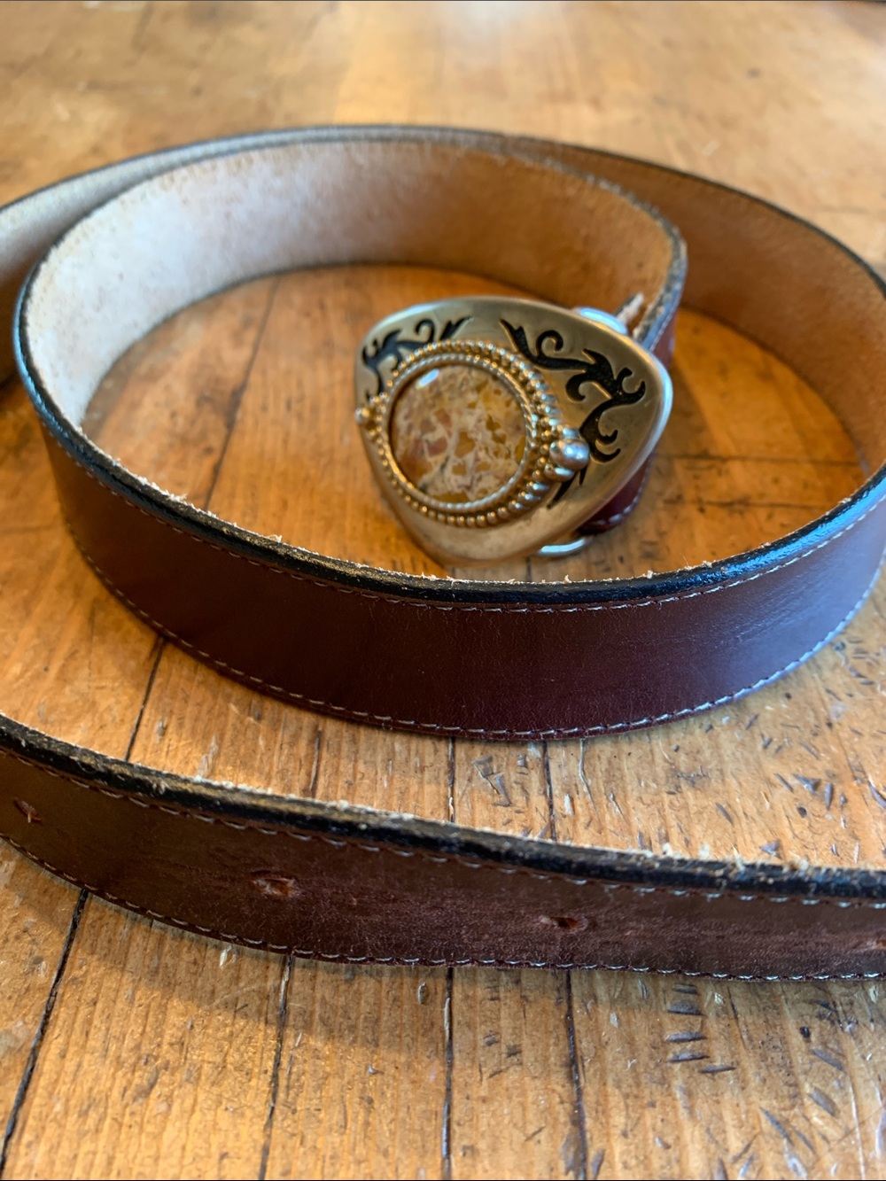 Brown Leather Belt with Agate Stone Buckle - Picture 7 of 16